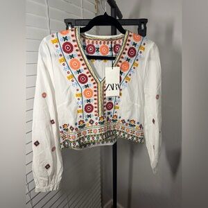 Zara White Boho Embroidered V-Neck Peasant Blouse